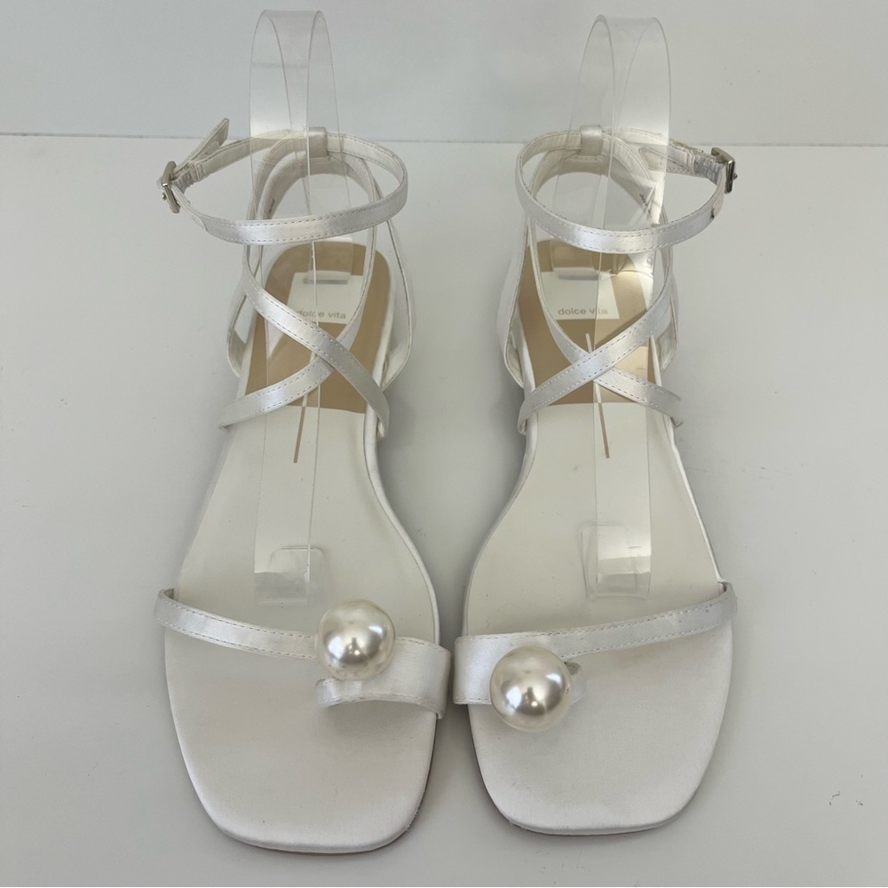 Dolce Vita White Satin Pearl Strappy Flat Sandals Bridal Wedding Size 8.5 - Picture 5 of 13